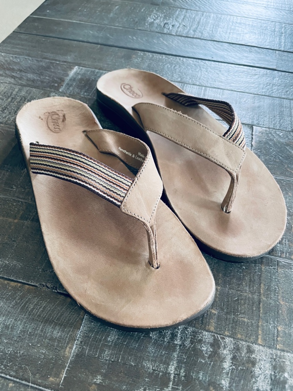 Women’s Chaco Tan Leather Flip Flop Sandals with Striped Fabric Strap